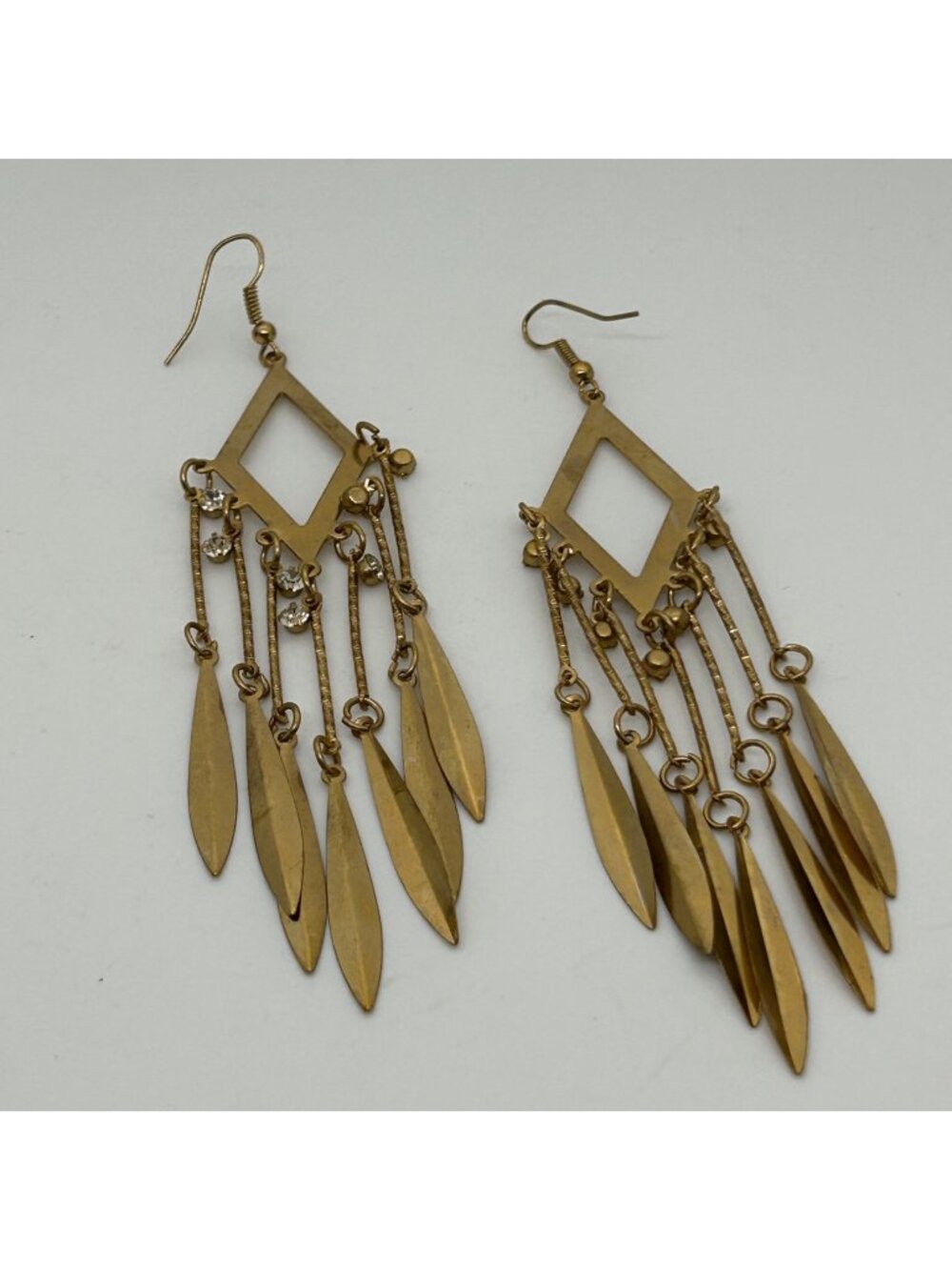 Vintage Geometric Chandelier Dangle Earrings Gold Tone Rhinestone Fringe Drops